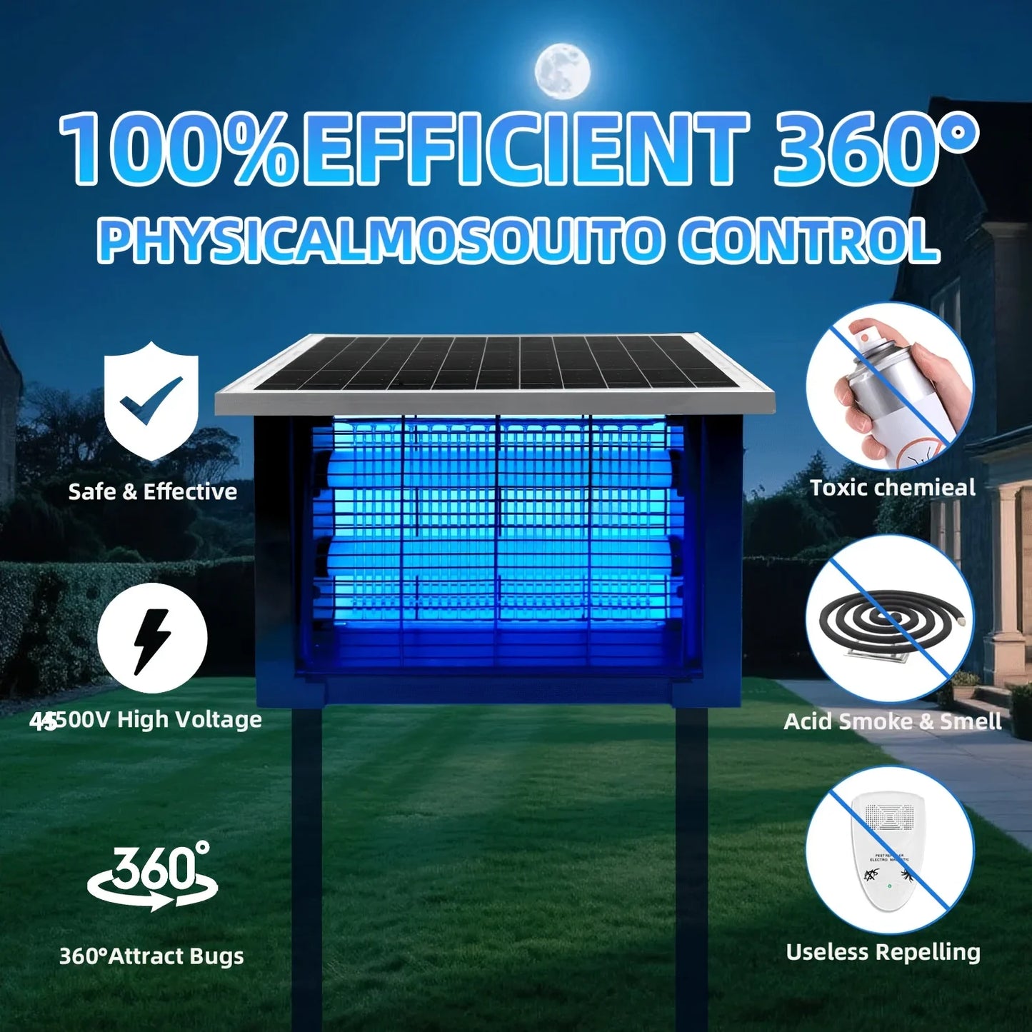 Potente exterminador de insectos solar para exteriores, exterminador de mosquitos recargable Poartable de 2000 pies cuadrados con alta potencia