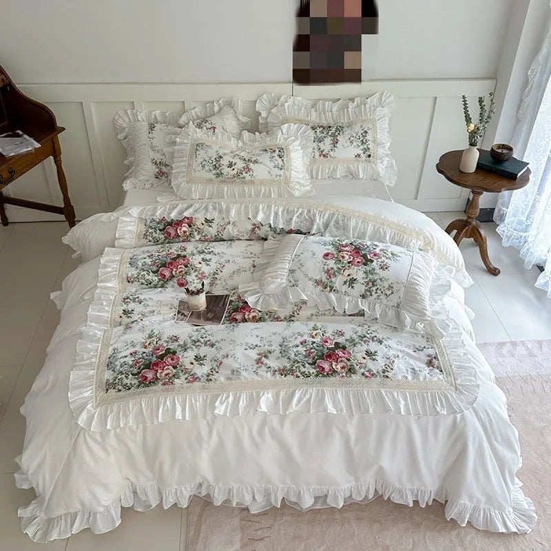Juego de fundas de edredón con volantes, de 3 piezas ropa de cama, Floral, 100% algodón, blanco, 2 fundas de almohada, US/UK, Super King size