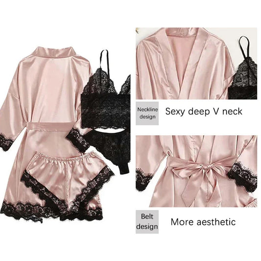 4 piezas ropa de dormir para mujer pijamas Ser con bata lencería de encaje Sexy Albornoz satén de seda ropa de dormir para el hogar bata