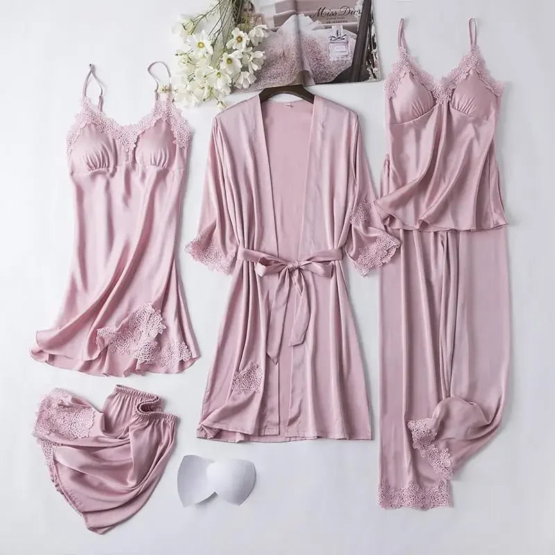 Conjunto de pijama de seda blanca para mujer, bata de boda de 5 piezas, camisón Sexy de encaje, ropa de dormir, Kimono, albornoz, lencería