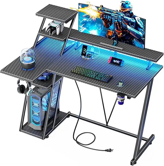 Escritorio para juegos premium de 39 pulgadas con luces LED y toma de corriente, escritorio pequeño para computadora para juegos con estantes de almacenamiento, trabajo para jugadores en forma de L