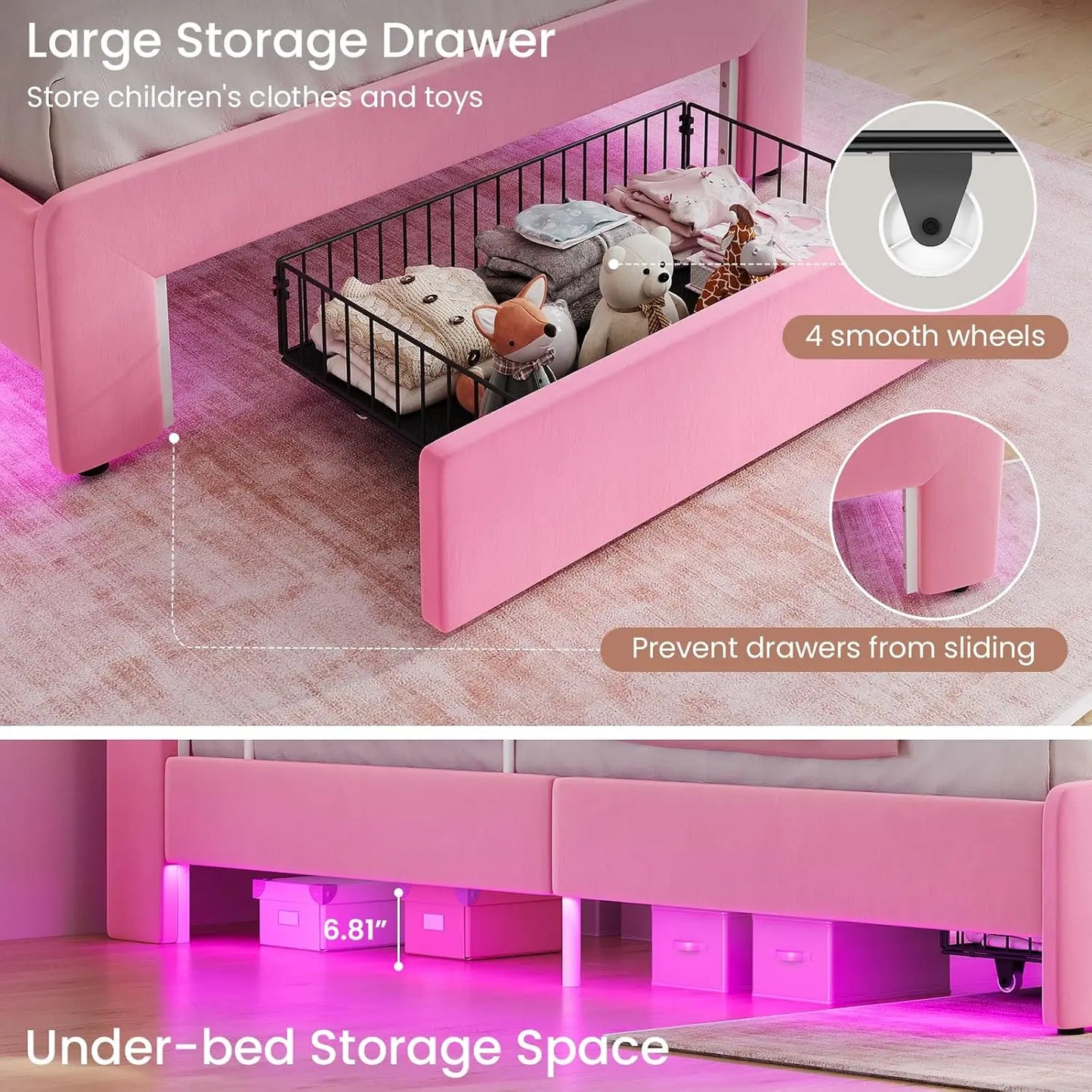 Cama de princesa tamaño twin con cajones de almacenamiento, barandillas de seguridad, plataforma tapizada en terciopelo con luces LED, cabecero ondulado con almacenamiento para niñas