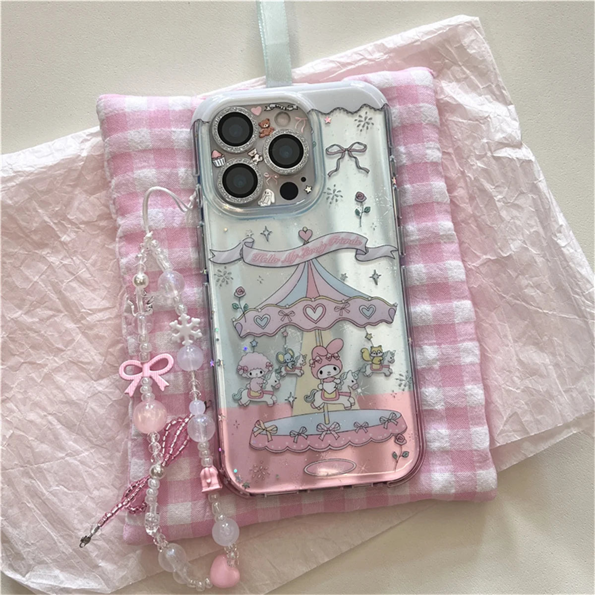 Funda de teléfono Kawaii carrusel Melody Bow para iPhone 16 Pro 15 14 Pro Max, funda con correa de cadena de mano, fundas bonitas a prueba de golpes