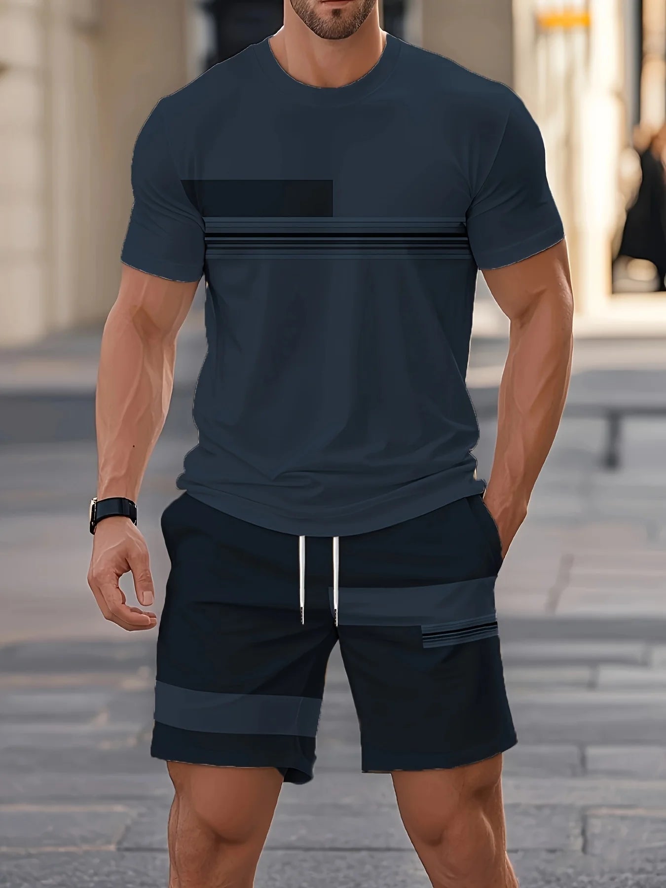 Nueva ropa deportiva de verano para hombre, conjunto de camiseta de manga corta a rayas, ropa de viaje al aire libre de dos piezas, pantalones cortos de ajuste relajado, ropa de entrenamiento
