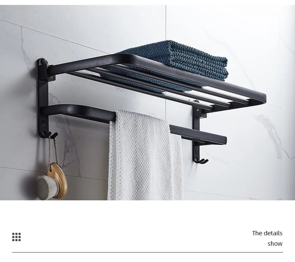 Soporte plegable negro mate de 50cm con gancho, soporte para toallas de pared, soporte para toallas de aluminio