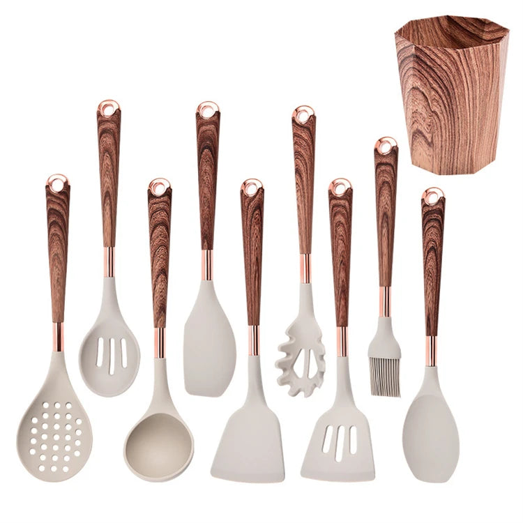 LMETJMA Juego de utensilios de cocina de silicona, 10 Uds., utensilio de cocina con soporte para utensilios, asas de patrón de madera, utensilios de cocina antiadherentes JT264