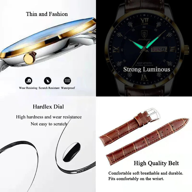 Reloj POEDAGAR Original de alta calidad para hombre, reloj de pulsera deportivo de cuero luminoso resistente al agua para hombre, relojes casuales elegantes de cuarzo para hombre