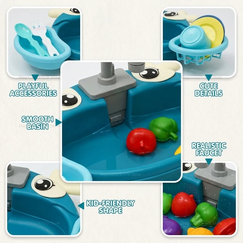 Juego de Cocina Infantil con Fregadero Simulado, Lavabo y Circulación de Agua Eléctrica, Juguete para Niños y Niñas, Juego de Roles