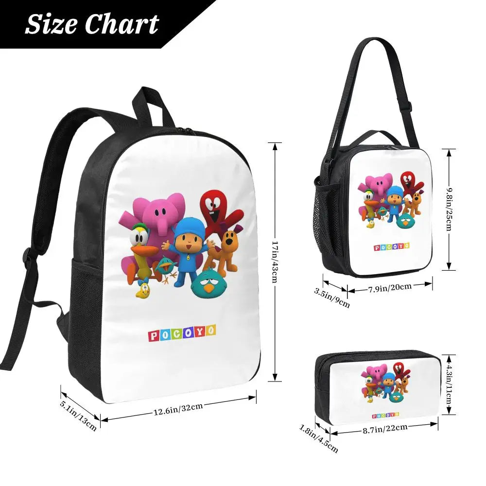 Mochila azul de dibujos animados de Pocoyo para niños, mochila escolar, bolsos de hombro para ordenador, bolsa de almuerzo aislada de 3 piezas, estuche para lápices