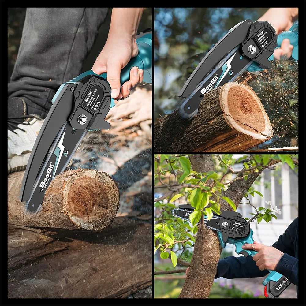 Mini motosierra Seesii inalámbrica de 6 pulgadas, sierra de cadena eléctrica de mano para herramientas de jardín, recorte de árboles, corte de madera, los mejores regalos