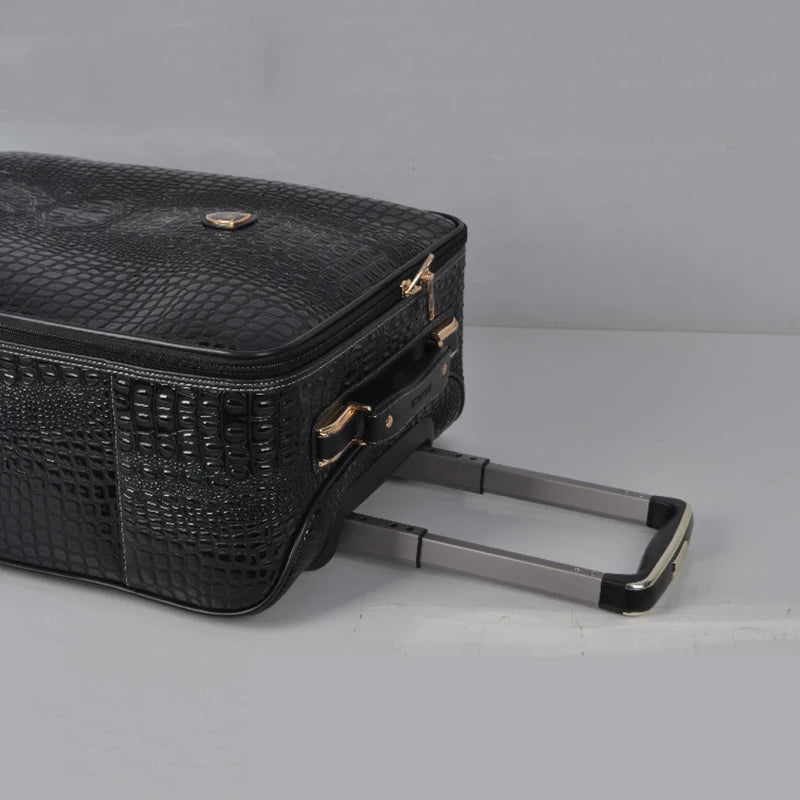 Equipaje rodante de cuero con patrón de cocodrilo, maleta con ruedas de embarque de 16/20/24 pulgadas, equipaje de viaje de cuero real para hombres y mujeres