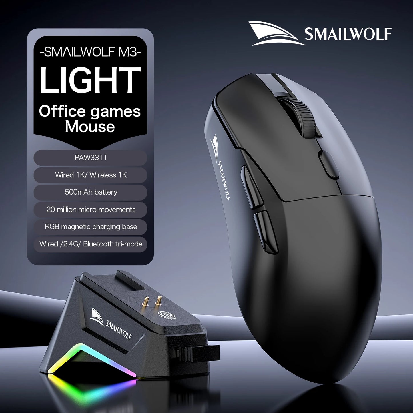 Ratón Inalámbrico SMAILWOLF M3 PRO con Bluetooth de Tres Modos, para Juegos, Portátil, Escritorio, PAW3311, con Cable, Ligero, para FPS