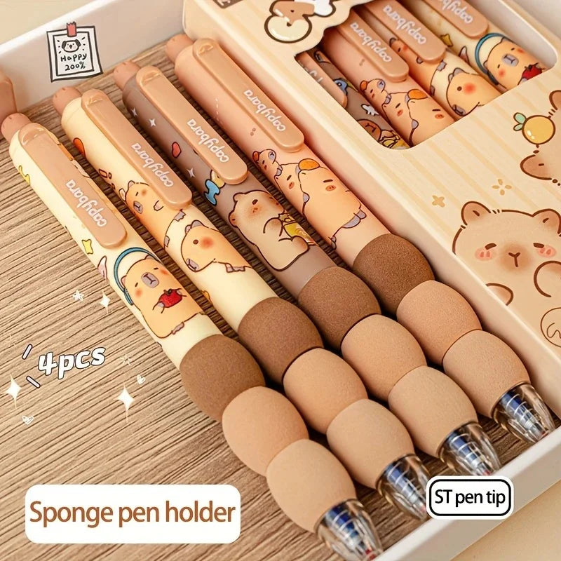 Juego de 4 bolígrafos de gel borrables con temática de capibara, punta de 0,5 mm, barril de agarre suave, opción de regalo perfecta, suministros para oficina y escuela
