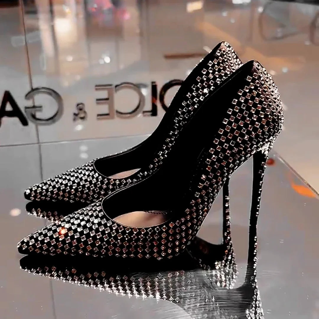 Tacones altos negros para mujer 2025, temperamento de alta gama con diamantes completos, tacón delgado de 10cm, zapato único con diamantes de imitación de lujo puntiagudos