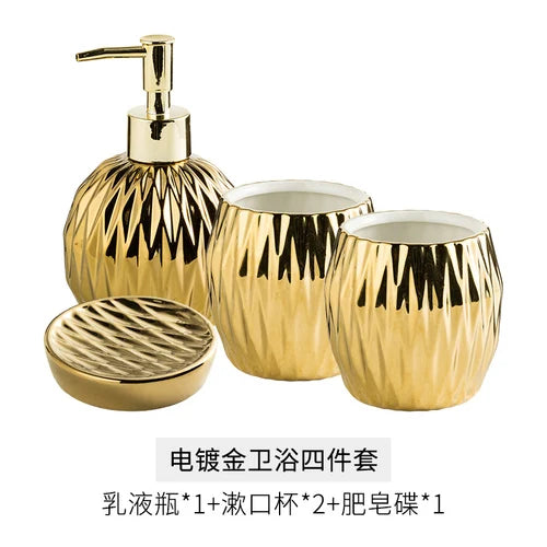 Juego de Accesorios de Baño de Cerámica Electrochapada de Lujo Ligero: Dispensador de Jabón Creativo, Vaso para Enjuague Bucal y Jabonera