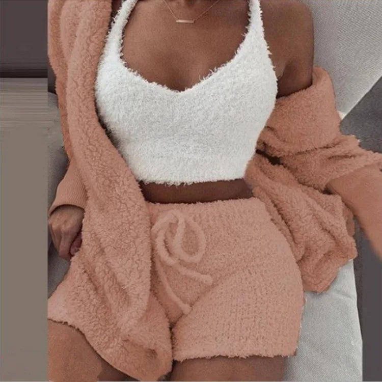 Conjunto de pijamas de terciopelo para mujer, Top corto, pantalones largos y abrigo, traje de 3 piezas, ropa de casa cálida y suave de lana, S-3XL, novedad de Otoño Invierno 2026