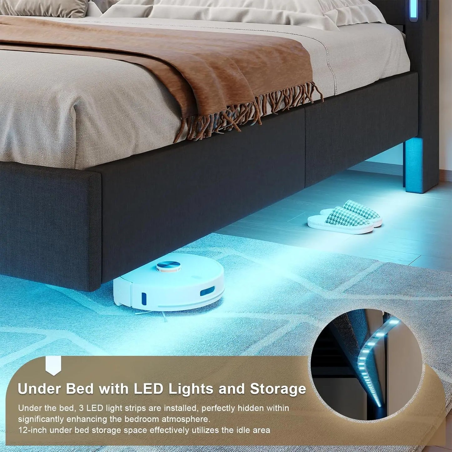 Base de Cama Flotante King con Cabecero con Almacenamiento, Base de Cama King Size, Gris |   Base de Cama Tapizada Tamaño King, Personalizable