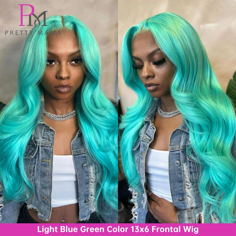 Peluca con malla Frontal azul cian 13x6, cuerpo ondulado, peluca con malla Frontal verde claro, cabello humano prearrancado Rubio 613, pelucas frontales de encaje para mujer