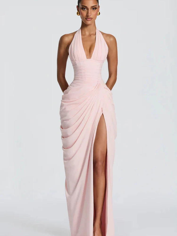 Vestido Maxi Plisado Sólido Sexy con Cuello Halter para Mujer, sin Mangas, sin Espalda, con Cintura Ajustada y Abertura, Vestidos de Fiesta de Verano 2026