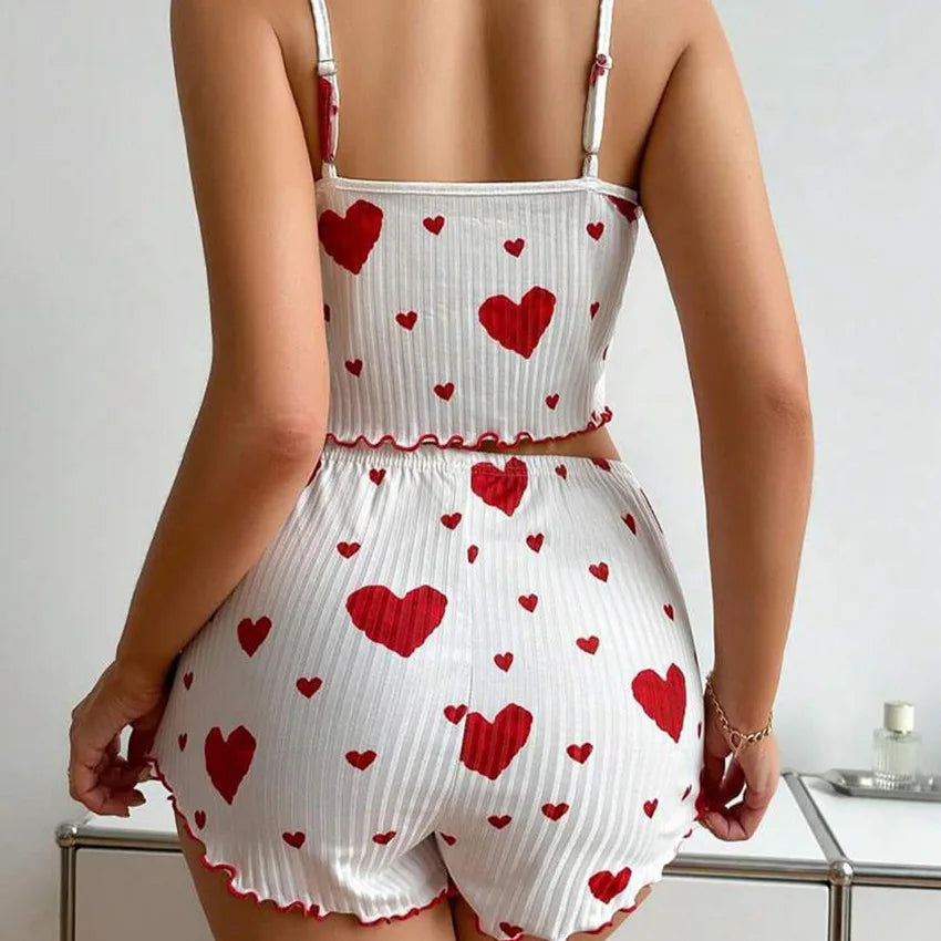Conjunto de Pijama de Verano para Mujer, Transpirable, Suave, Informal, con Estampado de Amor, Pantalones Cortos con Tirantes, Lencería Sexy