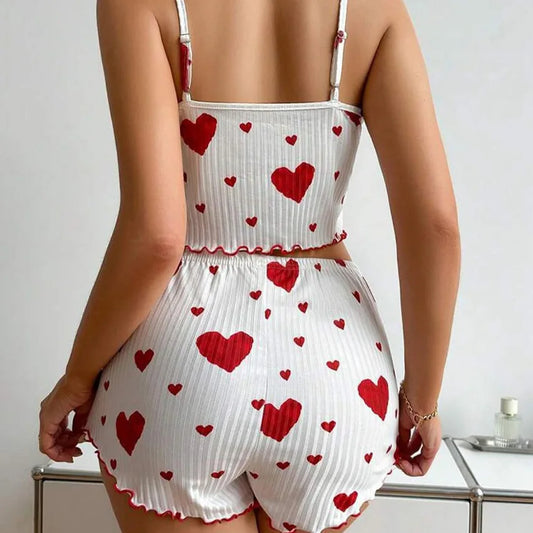 Conjunto de Pijama de Verano para Mujer, Transpirable, Suave, Informal, con Estampado de Amor, Pantalones Cortos con Tirantes, Lencería Sexy