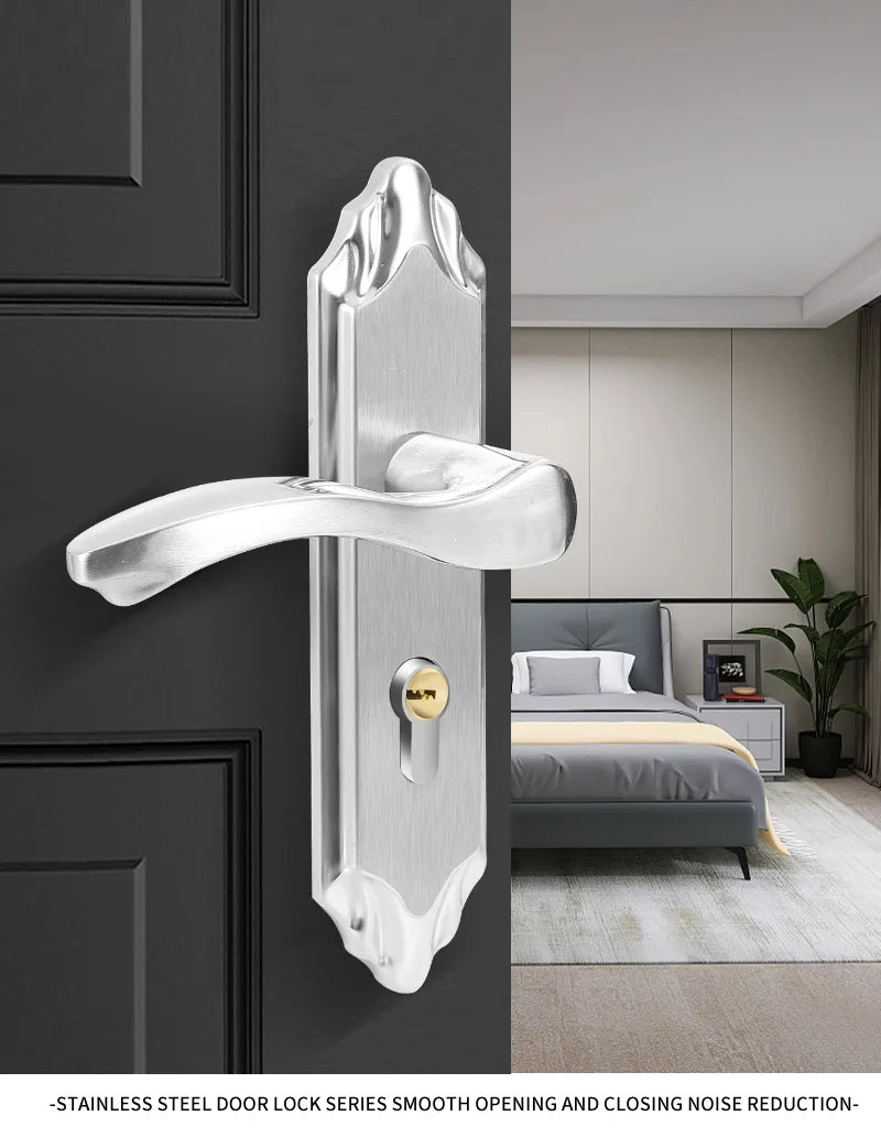 Juego de cerradura de puerta de acero inoxidable 304, manija de palanca de puerta Interior silenciosa para dormitorio, baño, manija de prensa, cerradura para puerta de madera maciza