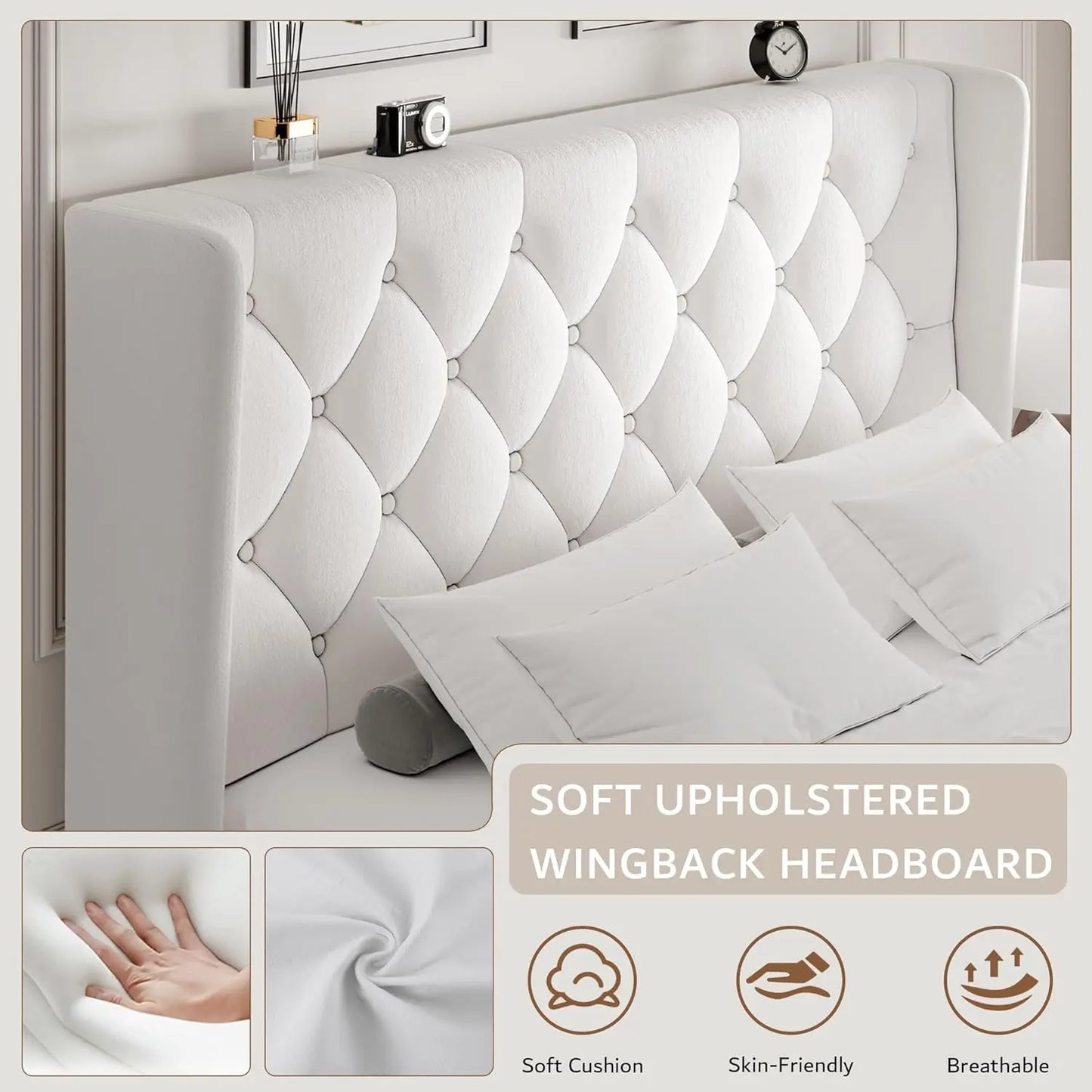 Cama Queen con Plataforma de Terciopelo, Tapizada con Botones, Estructura de Madera, Láminas de Madera, 8 Pulgadas de Espacio de Almacenamiento Debajo de la Cama, Sin Necesidad de Somier, Sin Ruido, Fácil de Montar