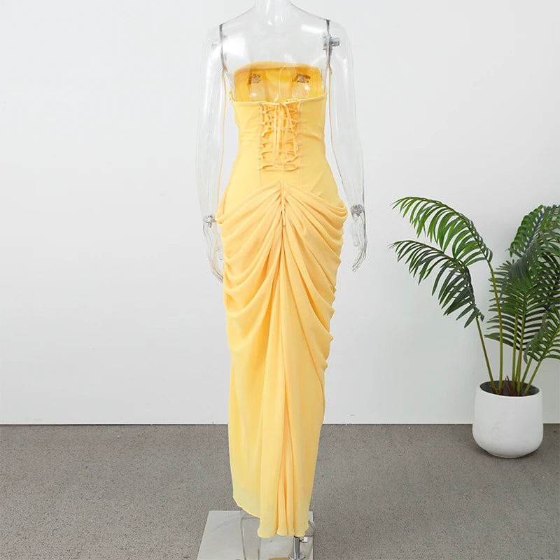 Vestido Maxi Plisado Sólido Sexy con Cuello Halter para Mujer, sin Mangas, sin Espalda, con Cintura Ajustada y Abertura, Vestidos de Fiesta de Verano 2026