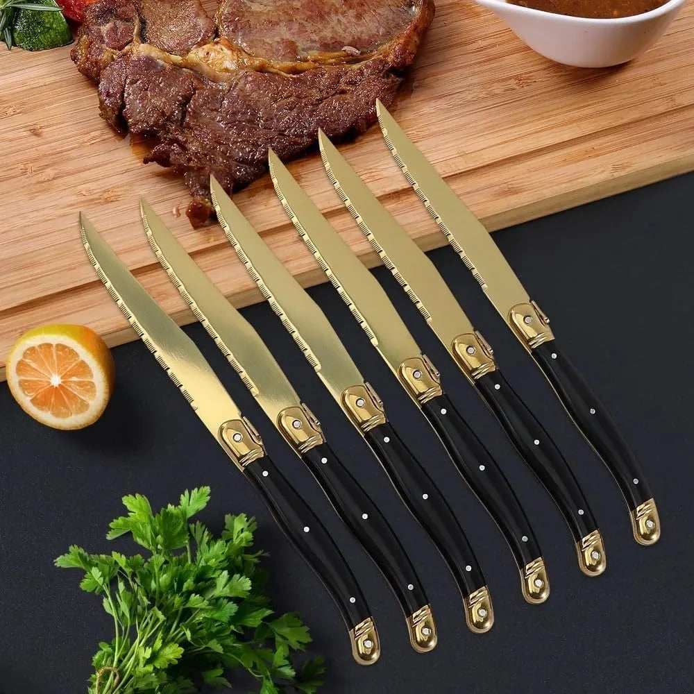 Cuchillos para Carne, Recubiertos de Titanio Dorado, Acero Inoxidable Serrado, Mango Negro, Cuchillo de Cena Estilo Occidental para Cocina, Restaurante y Vajilla