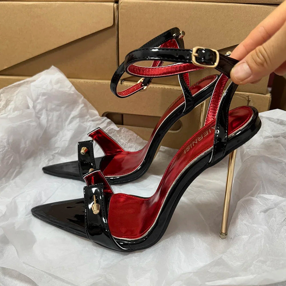 Customize Sexy Black 12cm Metal Stilettos Sandals Woman Designer Pointy Toe High Heels Pole Dancing Runway Cosplay Unisex Shoes