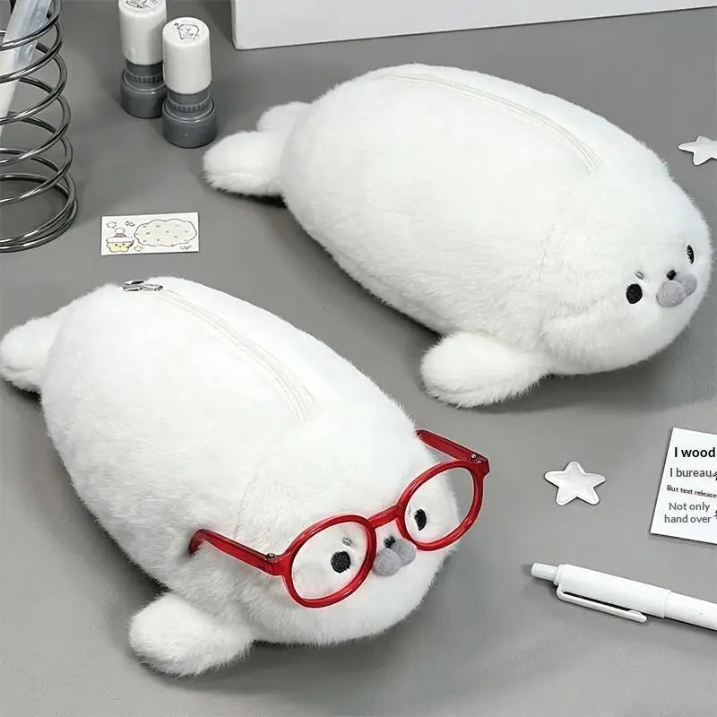 Bolsa de Papelería de Felpa de Gran Capacidad, Útiles Escolares para Estudiantes, Estuche de Lápices con Diseño de Foca Divertida y Linda, Bolsa de Almacenamiento de Alto Valor Estético
