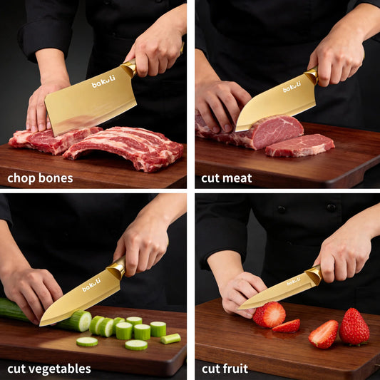 Juego de Cuchillos de Cocina Dorados de 4 Piezas, Hojas con Revestimiento de Titanio Antiadherente, Mango Ergonómico, Cuchillo de Chef, Cuchillo Multiusos, Cuchillos para Frutas para el Hogar