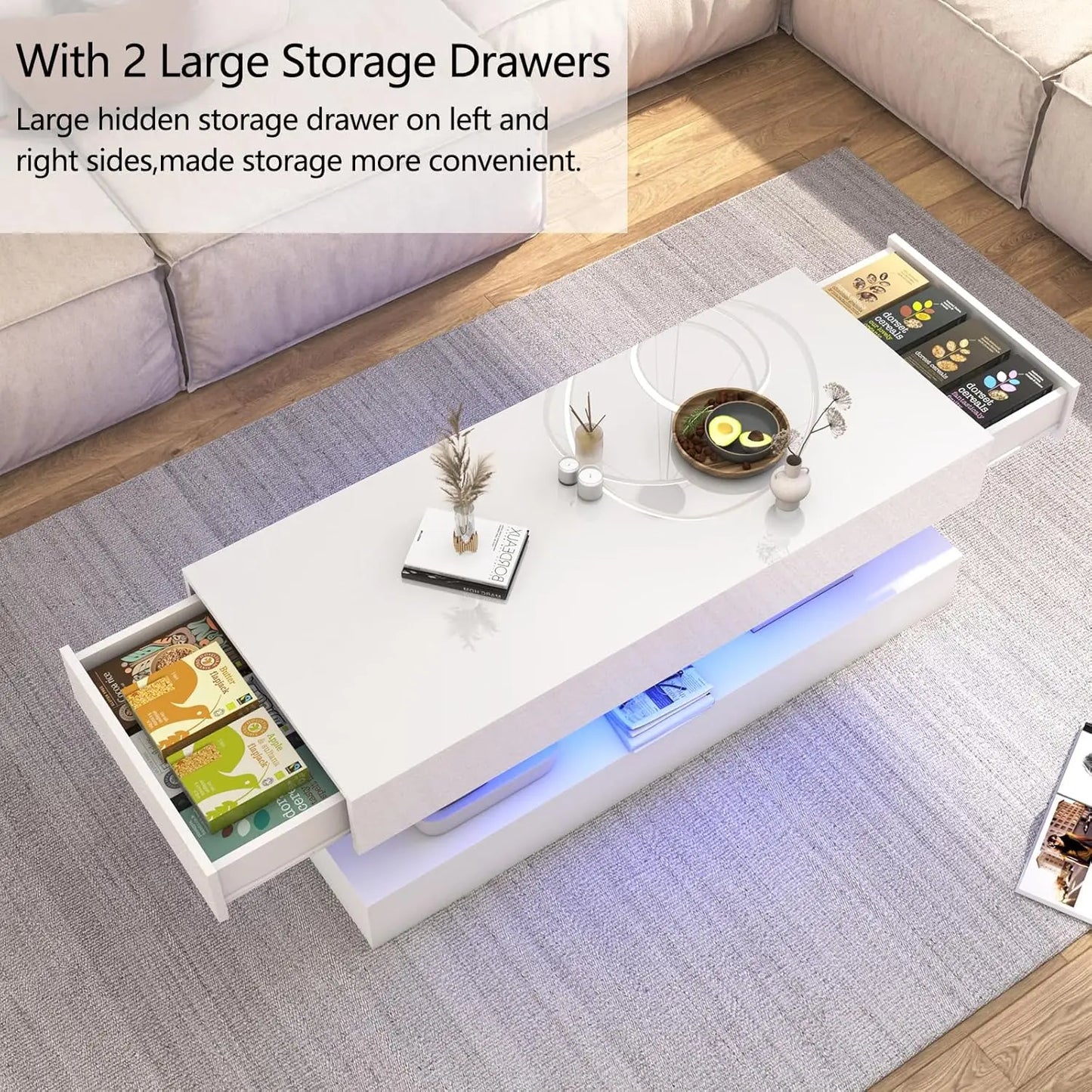Mesa de Centro Moderna y Elegante con Luces LED, Diseño de Doble Capa para Sala de Estar con 2 Cajones de Almacenamiento