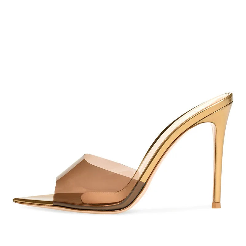 Novedad de verano, zapatillas sexis de moda de PVC transparente de charol puntiagudo, vestido de banquete de tacón alto fino, sandalia de mujer de gran tamaño
