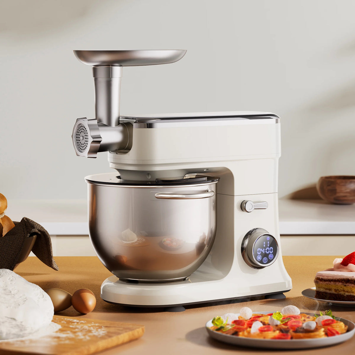 Batidora de Pedestal BioloMix de 7L para Repostería, Motor de CC de 1200W con Gancho Amasador, Batidor, Accesorio para Picar Carne - Batidora de Alimentos