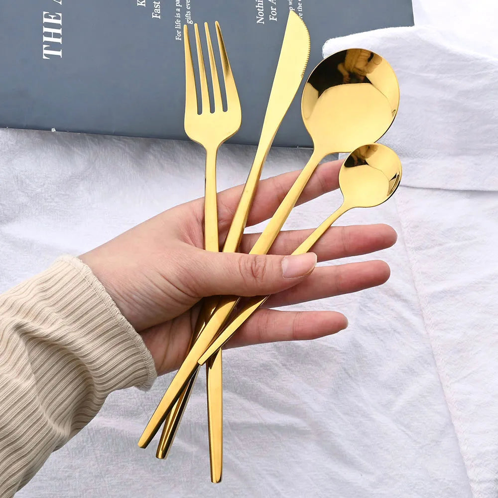Juego de cubiertos dorados con mango negro, 24 Uds., cuchillo de acero inoxidable, tenedor, cuchara, vajilla, juego de cubiertos, vajilla de cocina para Festival, regalo