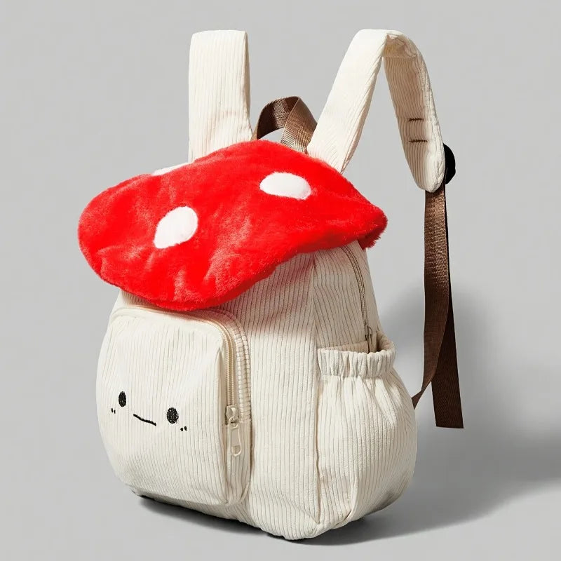 Mochila Kawaii de felpa con forma de seta para mujer, bolso de mano bonito con correas ajustables, cierre de cremallera, mochilas de estudiante de pana roja/blanca