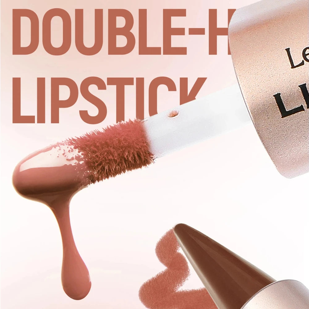 Delineador de labios cónico negro y marrón, lápiz de contorno, espejo de doble cabeza, brillo de labios de cristal, maquillaje de tinte de labios rojos sexis