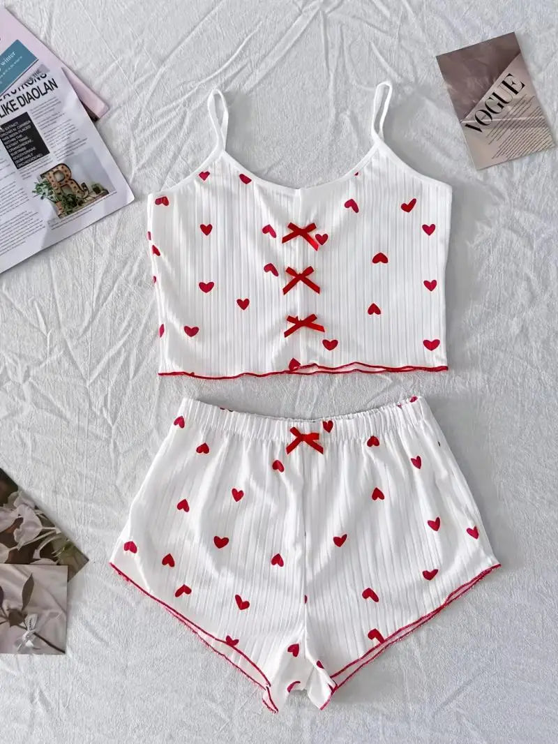 Ropa de dormir Sexy para mujer, conjunto de pijamas con estampado de corazón de seda, cuello en V, sin mangas, camisola informal, conjuntos de Top y pantalones cortos, traje para casa, ropa de descanso