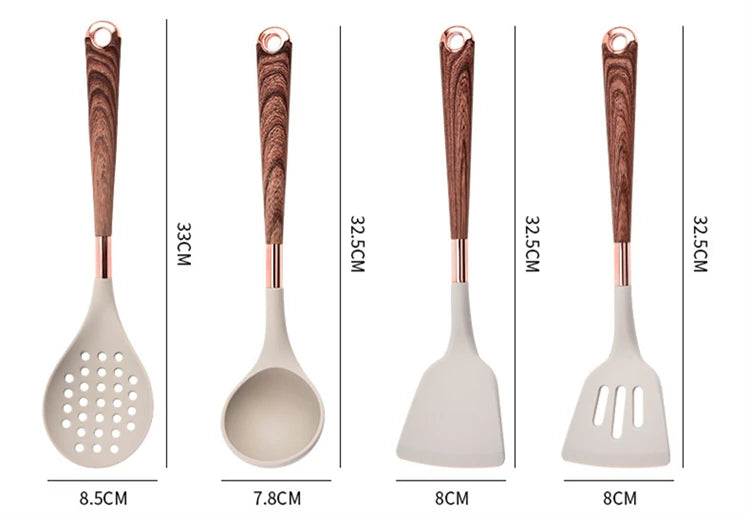 LMETJMA Juego de utensilios de cocina de silicona, 10 Uds., utensilio de cocina con soporte para utensilios, asas de patrón de madera, utensilios de cocina antiadherentes JT264
