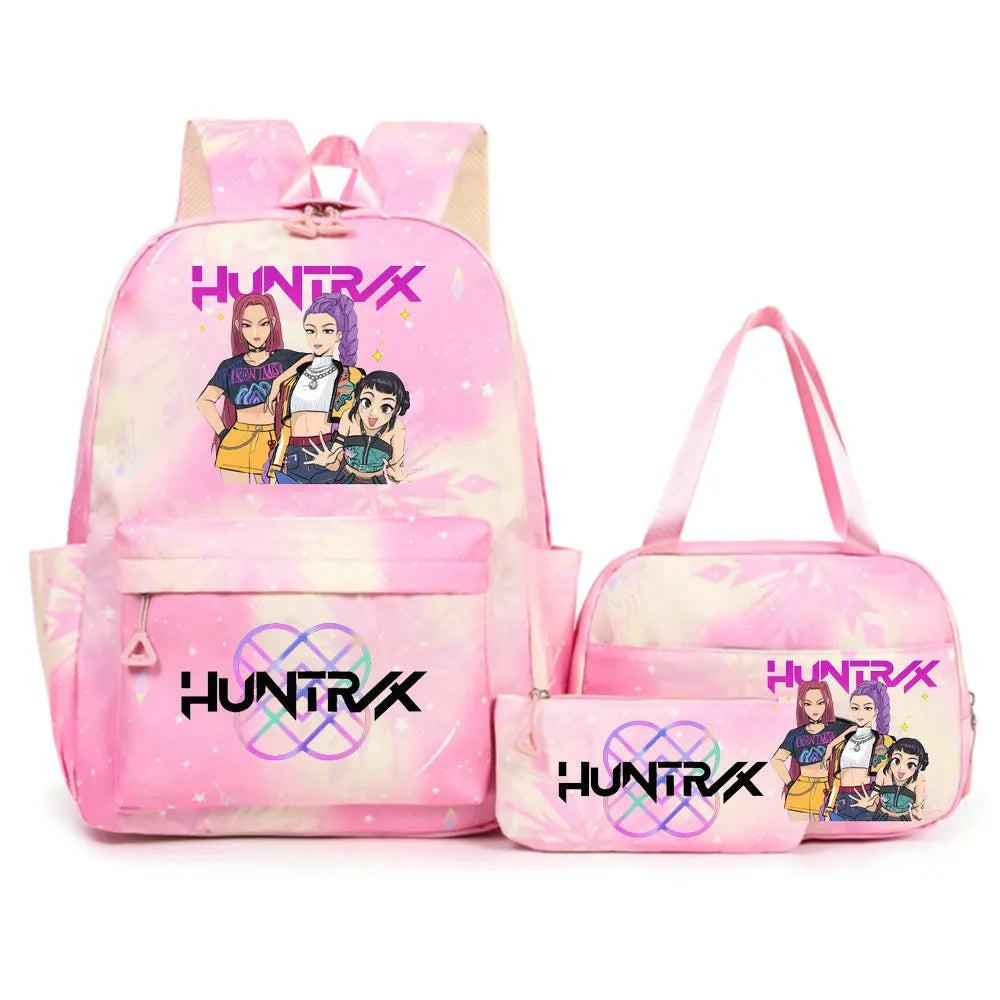 Conjunto de mochila con estampado de KPop Demon Hunters con bolsa para el almuerzo y estuche para lápices, mochila para exteriores de gran capacidad, ligera y transpirable