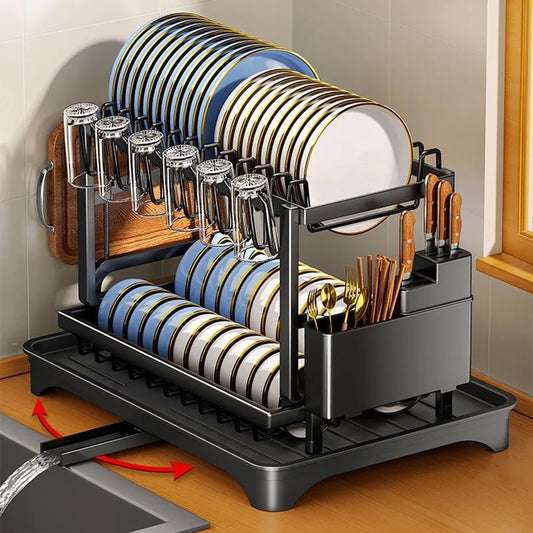 Escurridor de Platos de 2 Niveles para Cocina, Organizador Multifuncional de Almacenamiento para Encimera con Soportes para Utensilios, Tazas y Tablas de Cortar para el Hogar