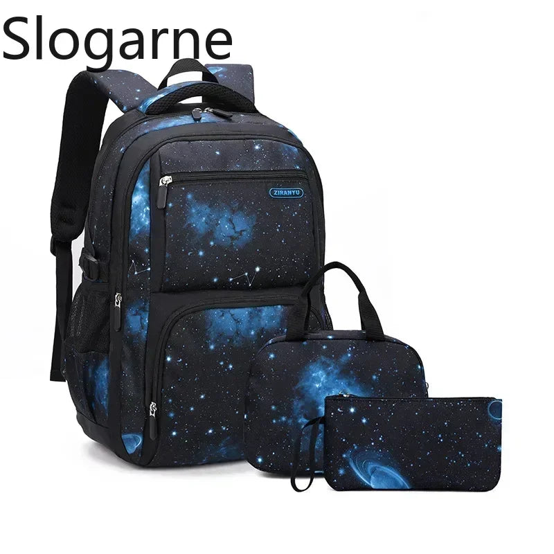 Nuevo conjunto de 3 uds de mochilas para niños, bolso escolar con patrón de cielo estrellado para estudiantes, bolso escolar impermeable con bolsa de almuerzo, estuche para lápices