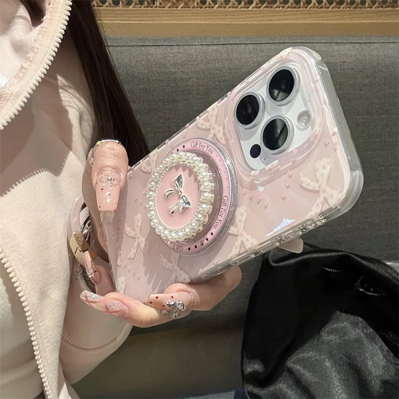 Preciosa funda de teléfono magnética para iPhone 16 Pro 15 14 13 Pro Max 15Pro, funda con soporte de lazo de perlas, fundas a prueba de golpes para Magsafe