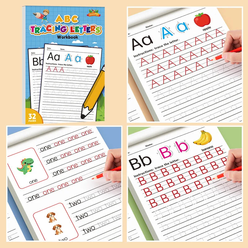 Libro de práctica de escritura a mano para niños de 32 páginas, letras del alfabeto inglés, libro de entrenamiento para trazar y escribir, libro de trabajo para la educación temprana de los niños, aprendizaje de la escr