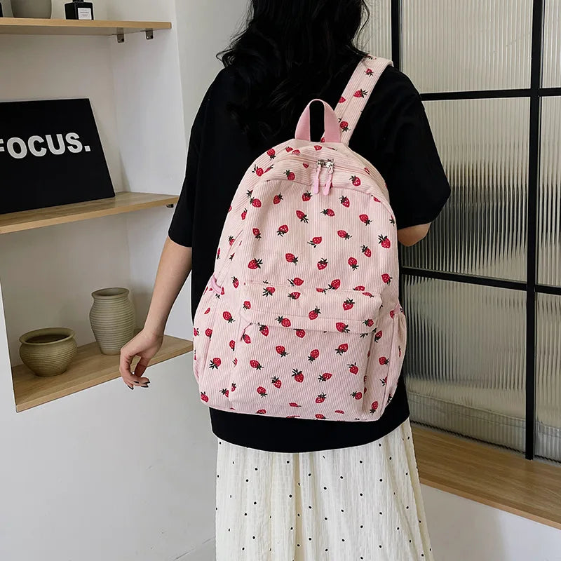 Mochila de PANA con fresas para estudiantes, morral escolar con múltiples bolsillos para adolescentes, correa ajustable para cuaderno, Mochilas Escolares al aire libre