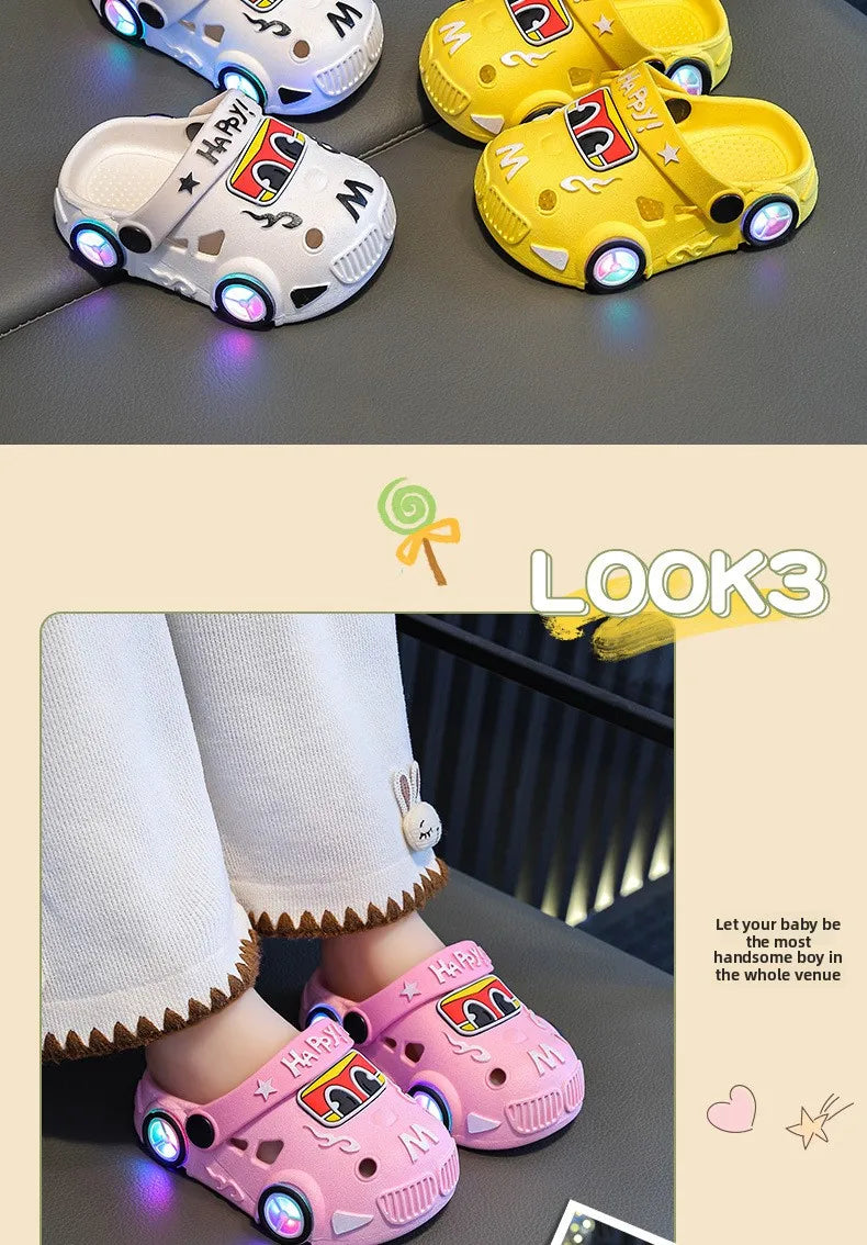 Pantuflas Infantiles Verano 2026, Nuevas Pantuflas de Playa para Niños con Forma de Auto, con Ruedas que se Iluminan, Antideslizantes y con Suela Suave