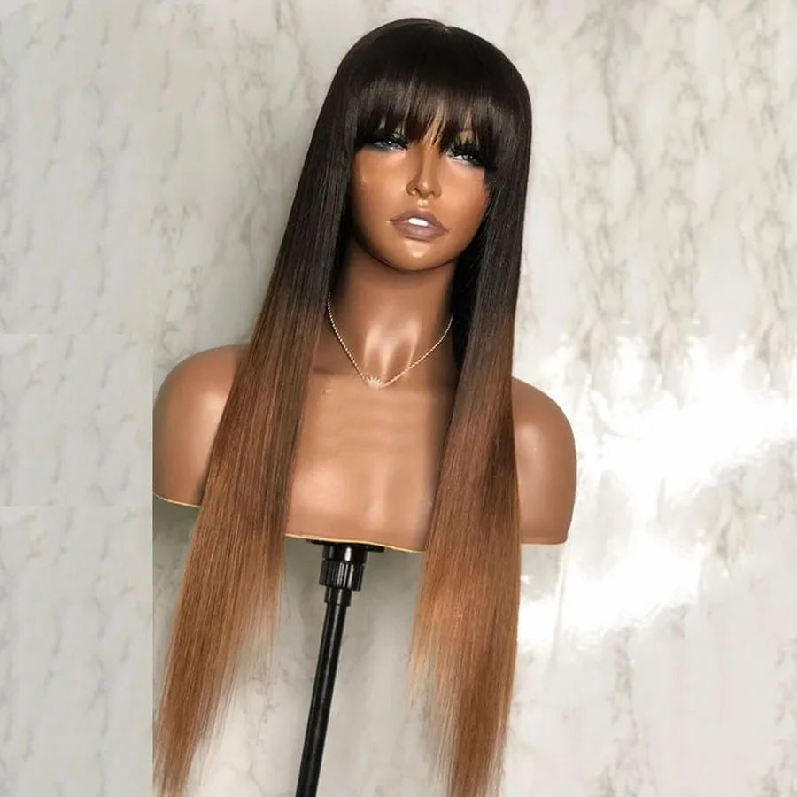 Ombre Brown Soft 26“Long Silky Straight 180Density Machine Wig With Bangs For Women High Temperature Cosplay Glueless Daily