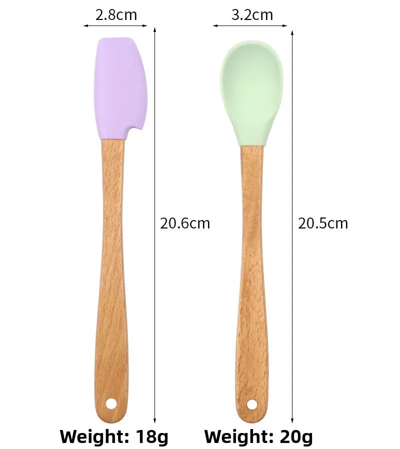 Juego de utensilios de cocina de silicona con mango de madera, 5 uds., raspador, cepillo, cuchara, herramientas para hornear para niños