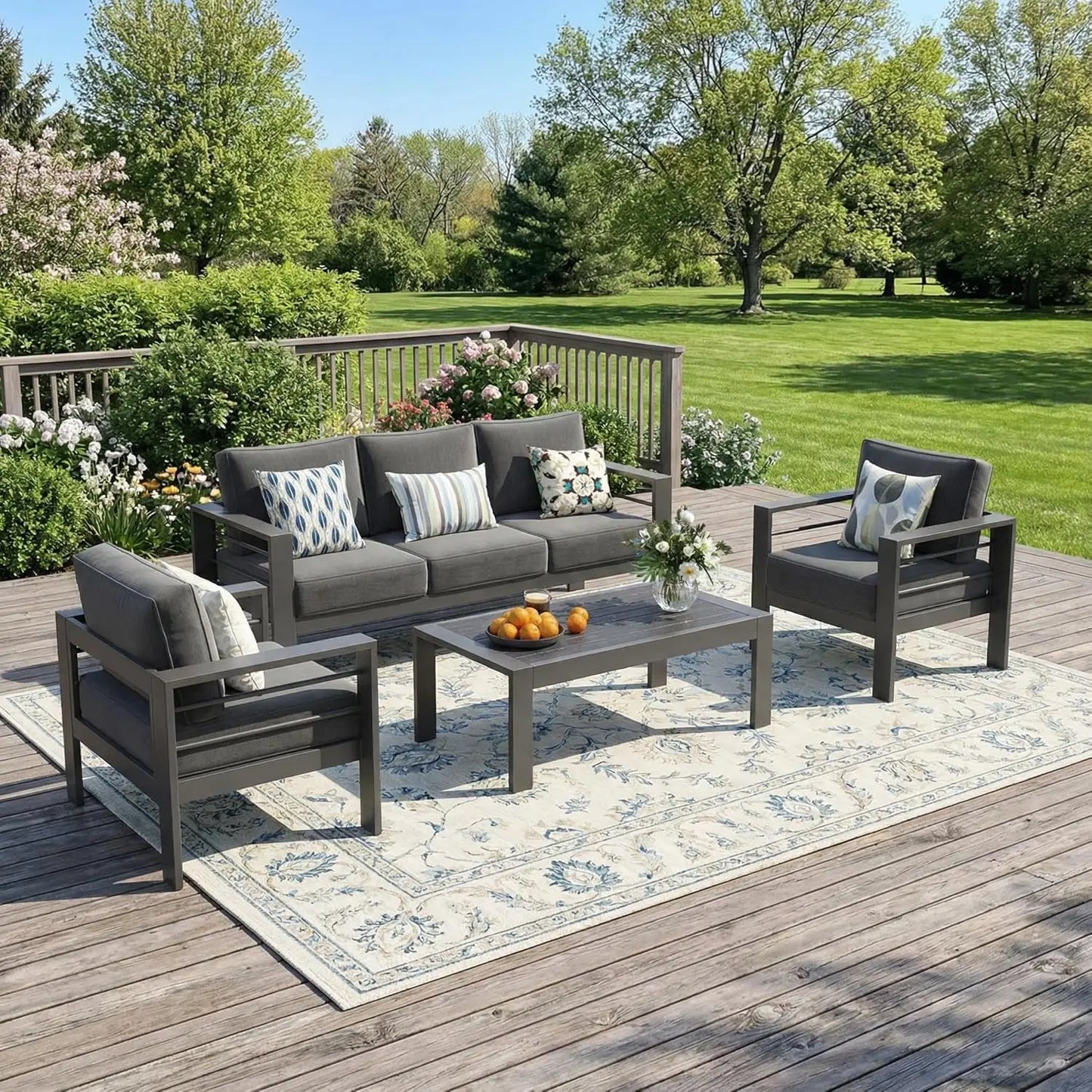 Juego de Muebles de Patio de Aluminio para Exteriores, Sofá Seccional de 5 Plazas con Cojín de 5 Pulgadas de Grosor, Juego de Patio con Mesa de Centro, Personalizable